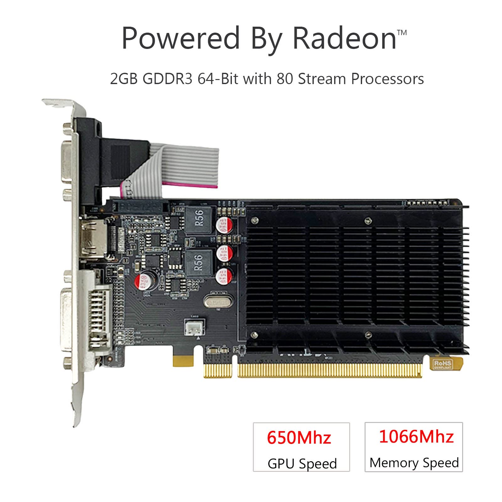 QTHREE Radeon HD 5450 Graphics Card,2GB,GDDR3,64 Bit,DVI,HDMI,VGA,Low Profile Video Card for PC,Computer GPU,PCI Express x16,DirectX 11,2 Monitors Support