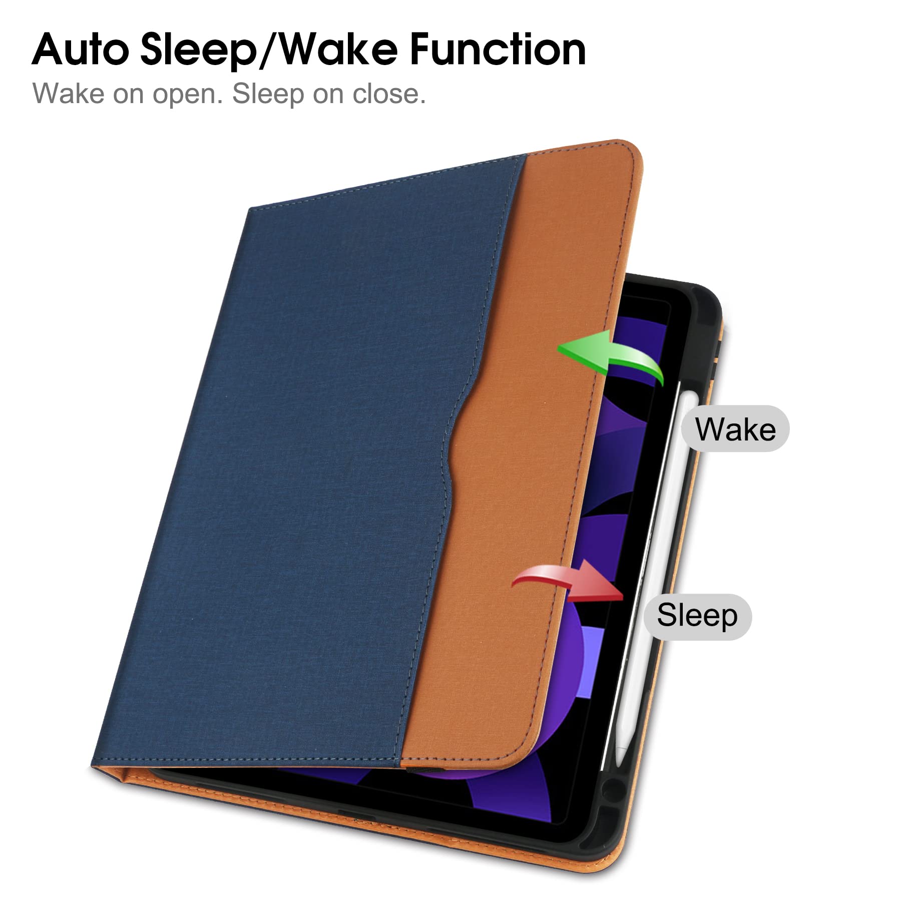 for iPad Pro 12.9 Case 2022/2021/2020/2018, for iPad 12.9 Inch Pro Case 6th/5th/4th/3rd Generation w/Pencil Holder, Folio Stand Protective Cover, Auto Sleep/Wake, Multiple Angles, Blue/Brown