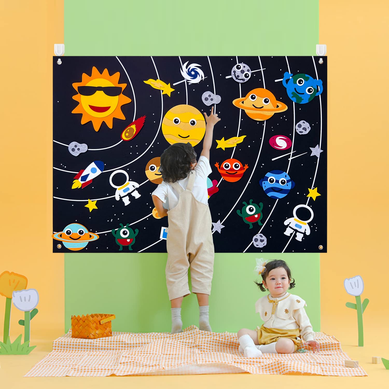 Tucimibo Outer Space Felt Story Board Set 34Pcs, Flannel Storytelling Universe Planets Themed Activity Playmat Kit Wall Hanging Gift for Toddlers Kids Early Learning Educational Game Rug 3.5 * 2.5Ft