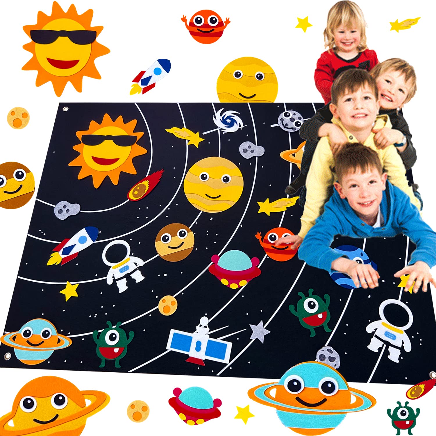 Tucimibo Outer Space Felt Story Board Set 34Pcs, Flannel Storytelling Universe Planets Themed Activity Playmat Kit Wall Hanging Gift for Toddlers Kids Early Learning Educational Game Rug 3.5 * 2.5Ft