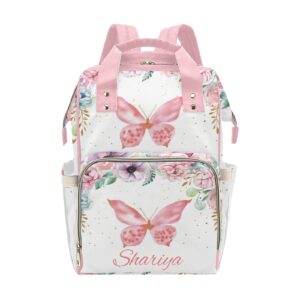 floral pink butterfly watercolor girl personalized diaper backpack with name,custom travel daypack for nappy mommy nursing baby bag one size