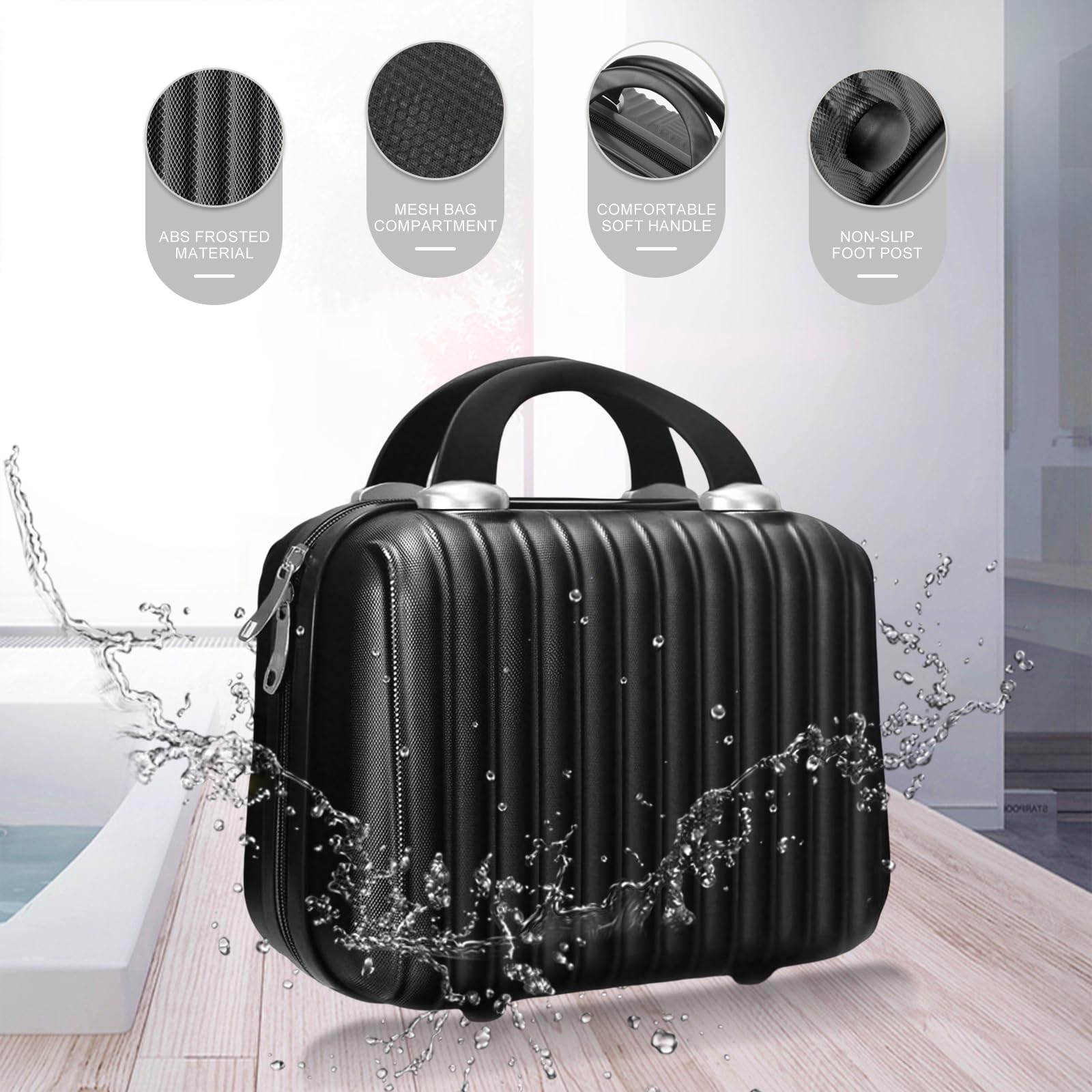 Makeup Travel Case 11 inch Hard Shell Cosmetic Organizer Bag Small Portable Make up Train Hand Luggage with Elastic Strap ABS Mini Suitcase Valentines Day Gifts for men girls, Black