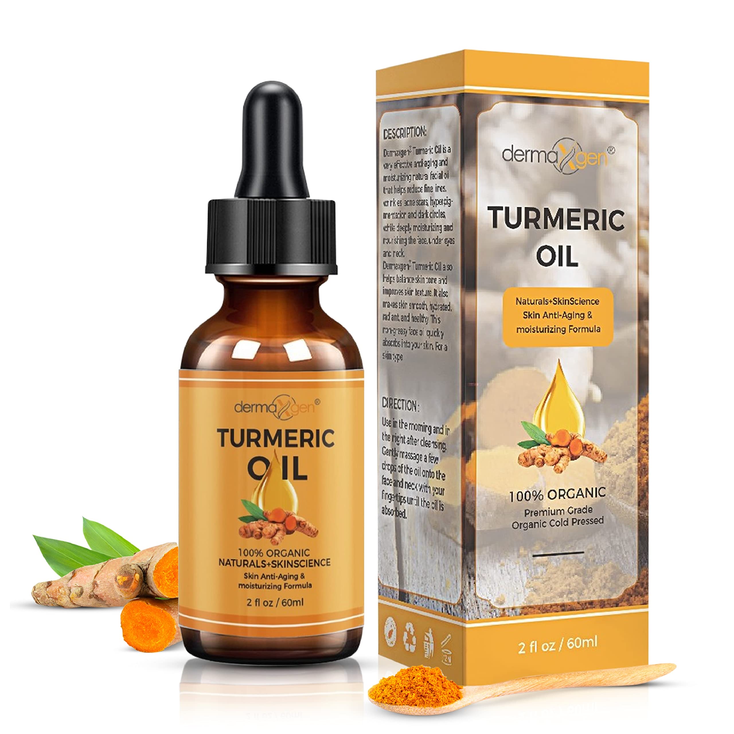 DERMAXGEN Turmeric Oil + Organic Moisturizer & Reduce Acne, Dark Spot Remover, Clear skin Tone, Hydrate Dull & Dry Skin, Anti Aging Skin Care Glow Oil for Face, Neck & Eye (2 FL OZ/60 ML)