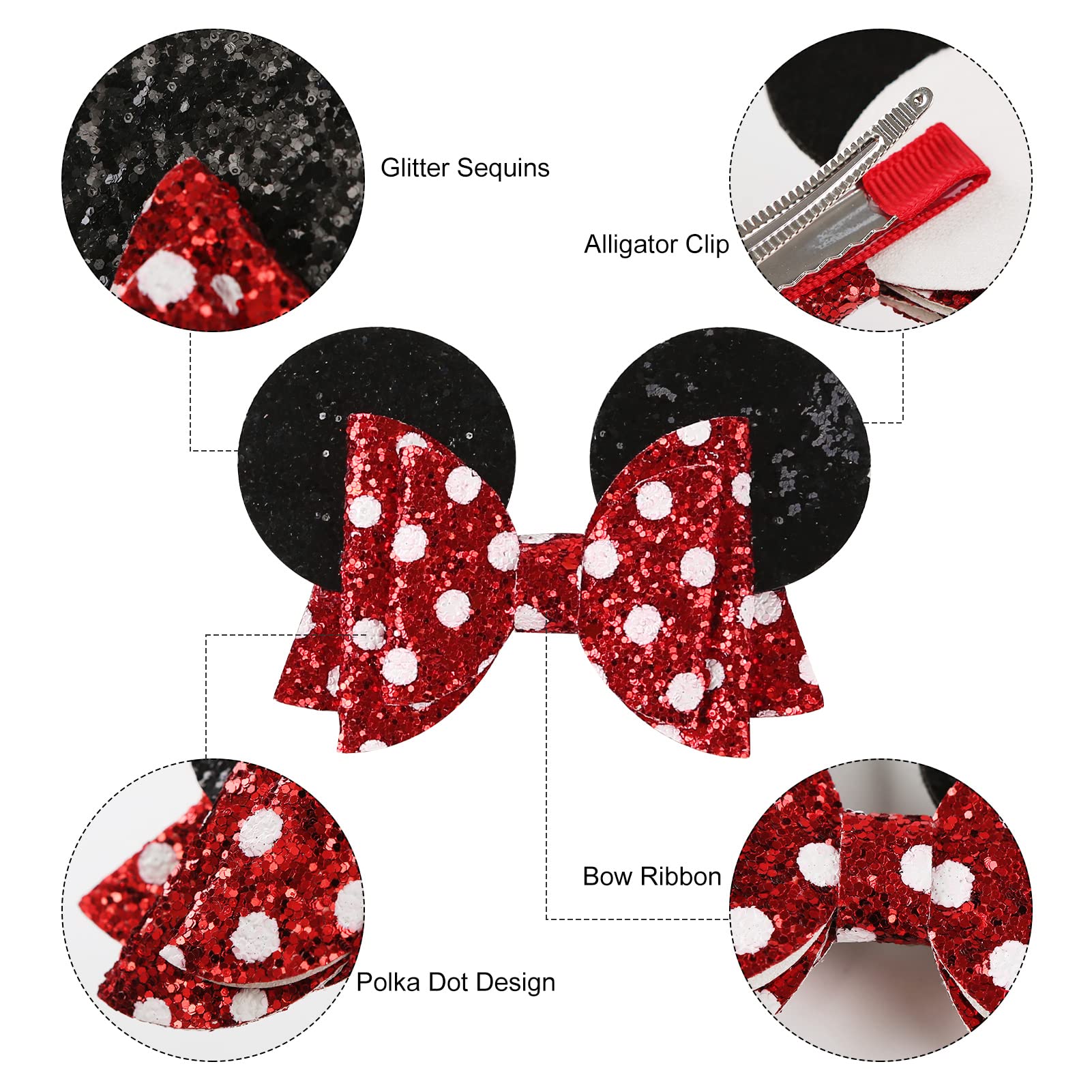 Mouse Ears Hair Bow Clips Polka Dot Barrettes for Girls Glitter Costume Accessories Birthday Party Decorations 1 Count (Pack of 4)