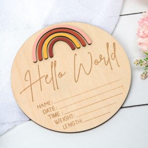 Hello World Newborn Baby Announcement | Rainbow Boho Name and Measurements Hospital Birth Pregnancy Gift