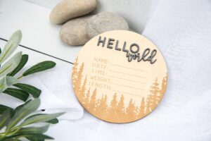 hello world newborn baby announcement | mountains and forest | photo prop | name measurements hospital birth pregnancy baby gift