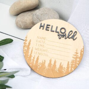 Hello World Newborn Baby Announcement | Mountains and Forest | Photo Prop | Name Measurements Hospital Birth Pregnancy Baby Gift