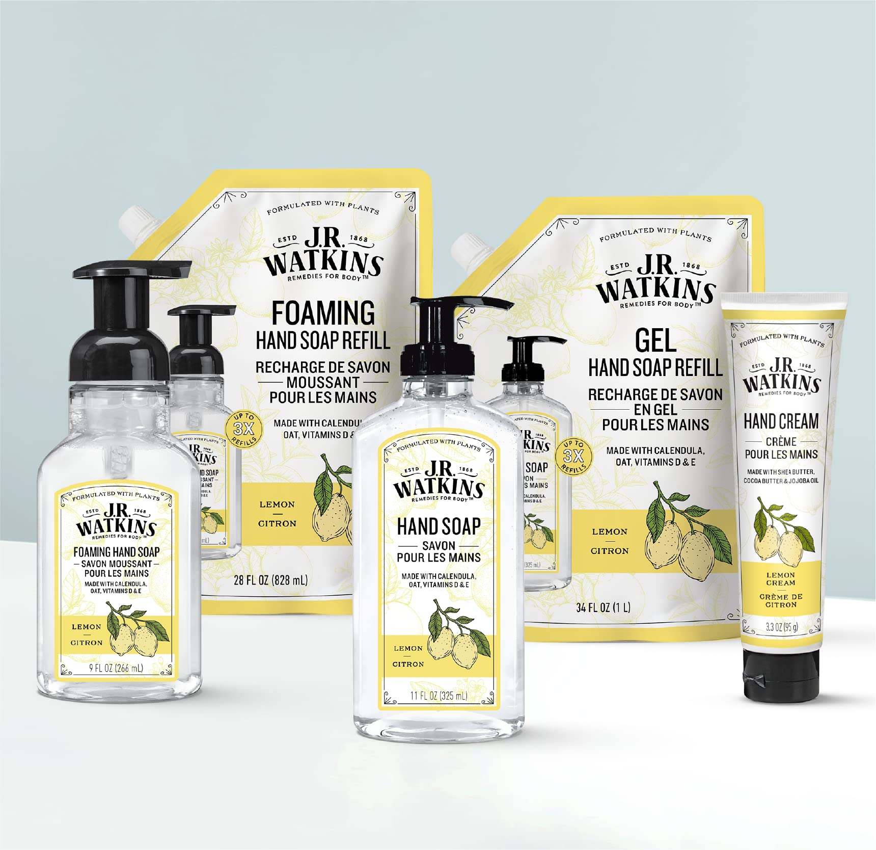 J.R. Watkins Foaming Hand Soap with Pump Dispenser, Moisturizing Foam Hand Wash, All Natural, Alcohol-Free, Cruelty-Free, USA Made, Lemon, 9 fl oz, 3 Pack