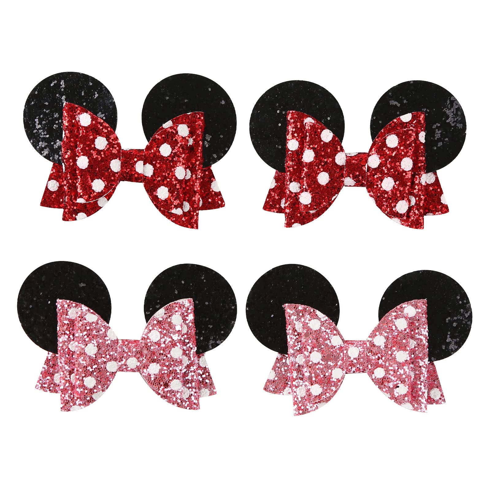 Mouse Ears Hair Bow Clips Polka Dot Barrettes for Girls Glitter Costume Accessories Birthday Party Decorations 1 Count (Pack of 4)