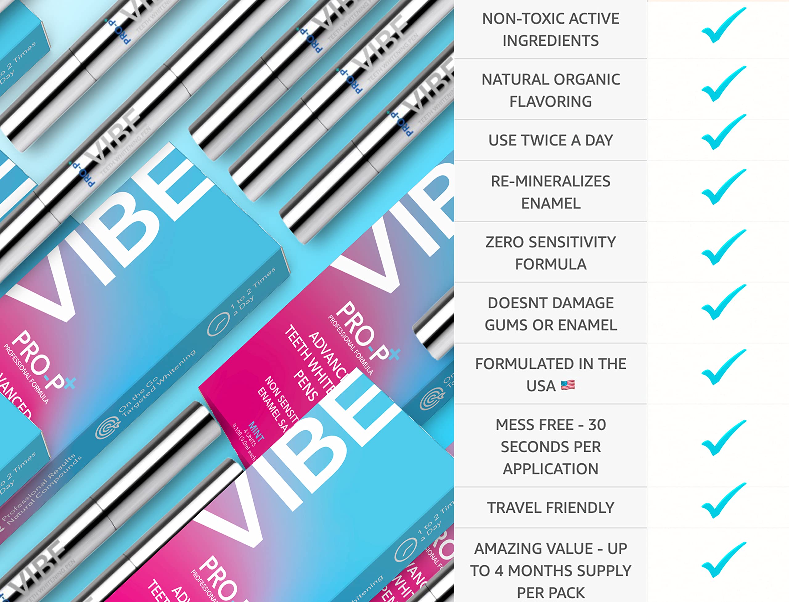 Vibe Teeth Whitening Pens, Healthy, Peroxide Free 4 Pack, Non-Toxic Fast Results, 3ml per pen, Vegan, Painless, teeth whitening kit for sensitive teeth, Travel Sized, Easy to Use, Organic Mint Flavor