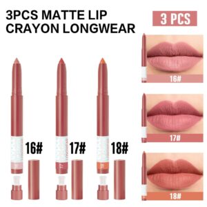 BINGBRUSH 3 Colors Crayon Matte Longwear Lipstick Pack Set,Moisture Smooth Color Stick Ultimate Lip Crayon for Makeup Collection - Nourishing Lipstick with a Matte Finish Waterproof Velvet Lipgloss Lip Stain