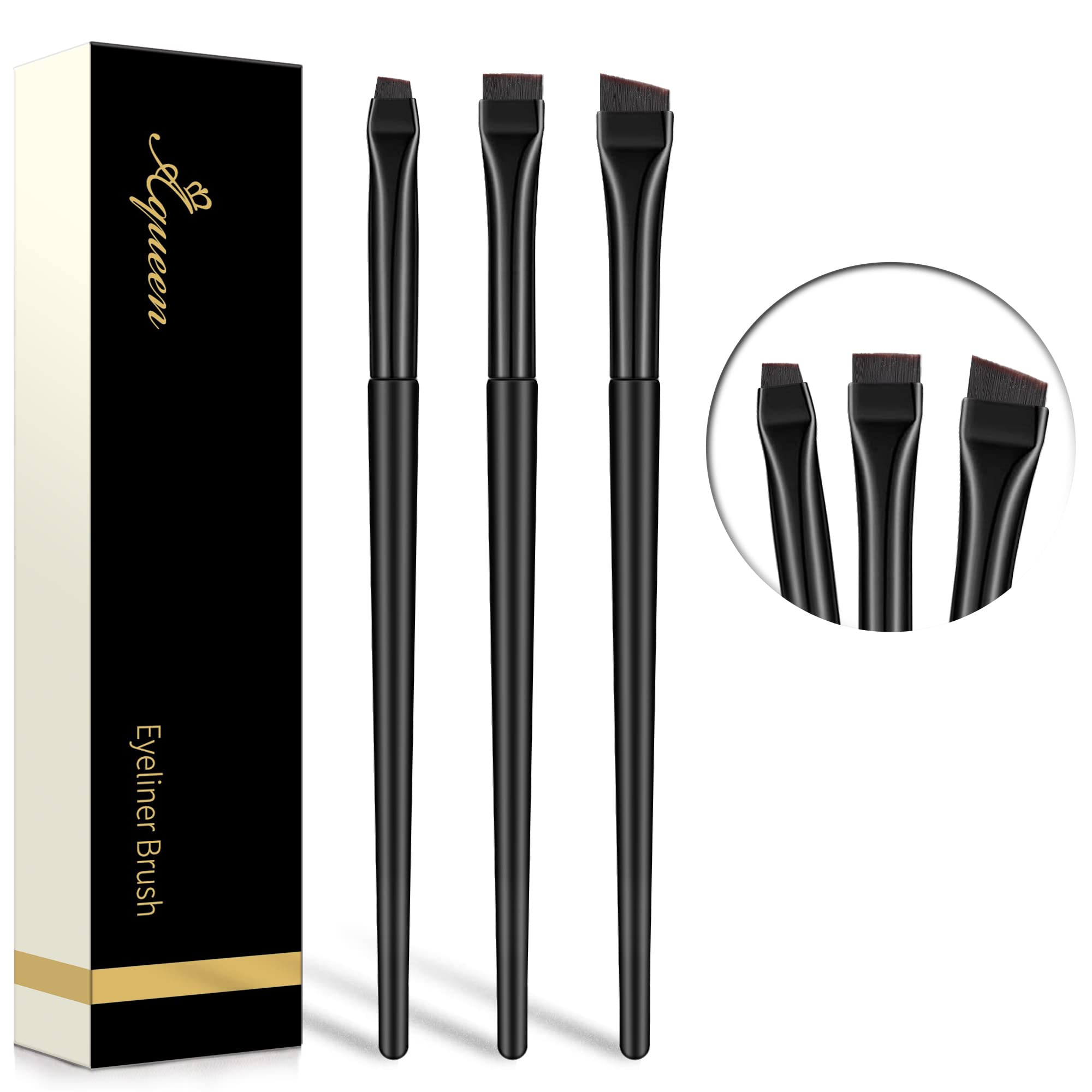 AQUEEN Eyeliner Brush-3 PCS Precision Gel Fine Eyeliner Brush-Ultra Thin Flat and Angled Eyeliner Brush, Premium Quality Soft Eyeliner Brushes for Makeup Tools.(Black)