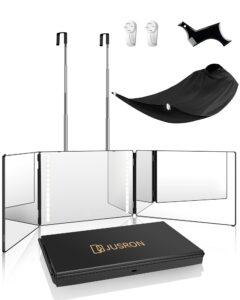 jusron 360 viewing angle self hair cutting mirror, clear anti-fog hd glass (black with led, with accessories)