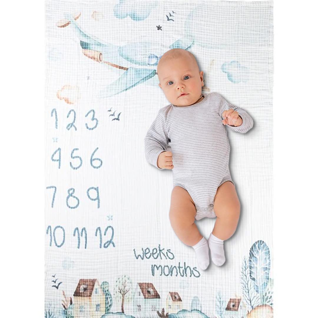 Esthesmile Baby Muslin Swaddle Blankets - Newborn Baby Photography Blanket - 100 Pure Organic Cotton - Hypoalergenig & Breathable Baby Textile -35x47 inches - Plane Design, White