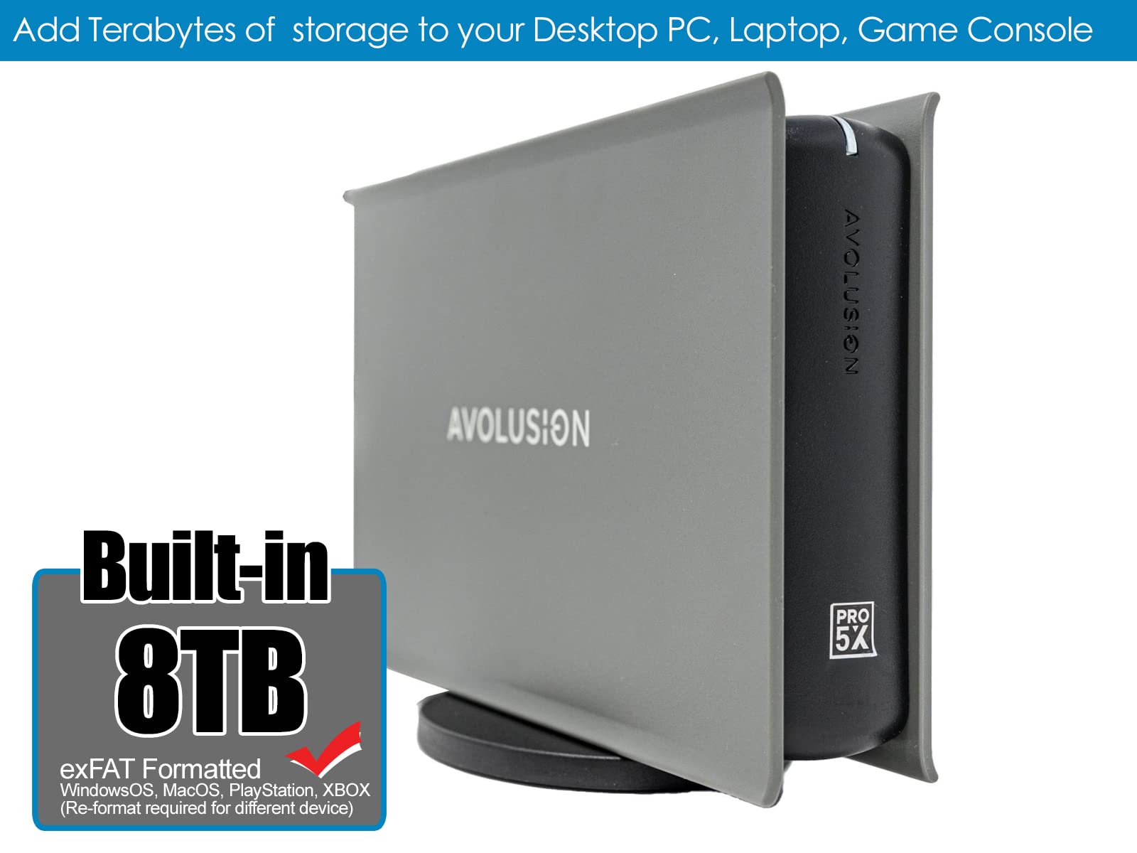 Avolusion PRO-5X 8TB USB 3.0 External Hard Drive for PC, Mac, PS & Xbox (Grey) (Renewed)