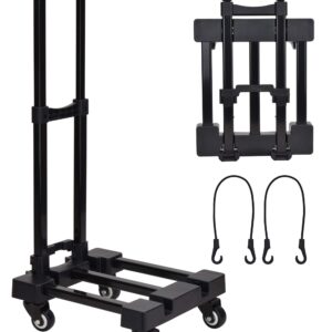 Lougnee Folding Hand Truck, 4 Wheels Fold Up Hand Cart with 2 Elastic Ropes, Portable Foldable 220 lbs Capacity Heavy Duty Luggage Cart, Utility Dolly Platform Cart for Car House Office Moving, Black