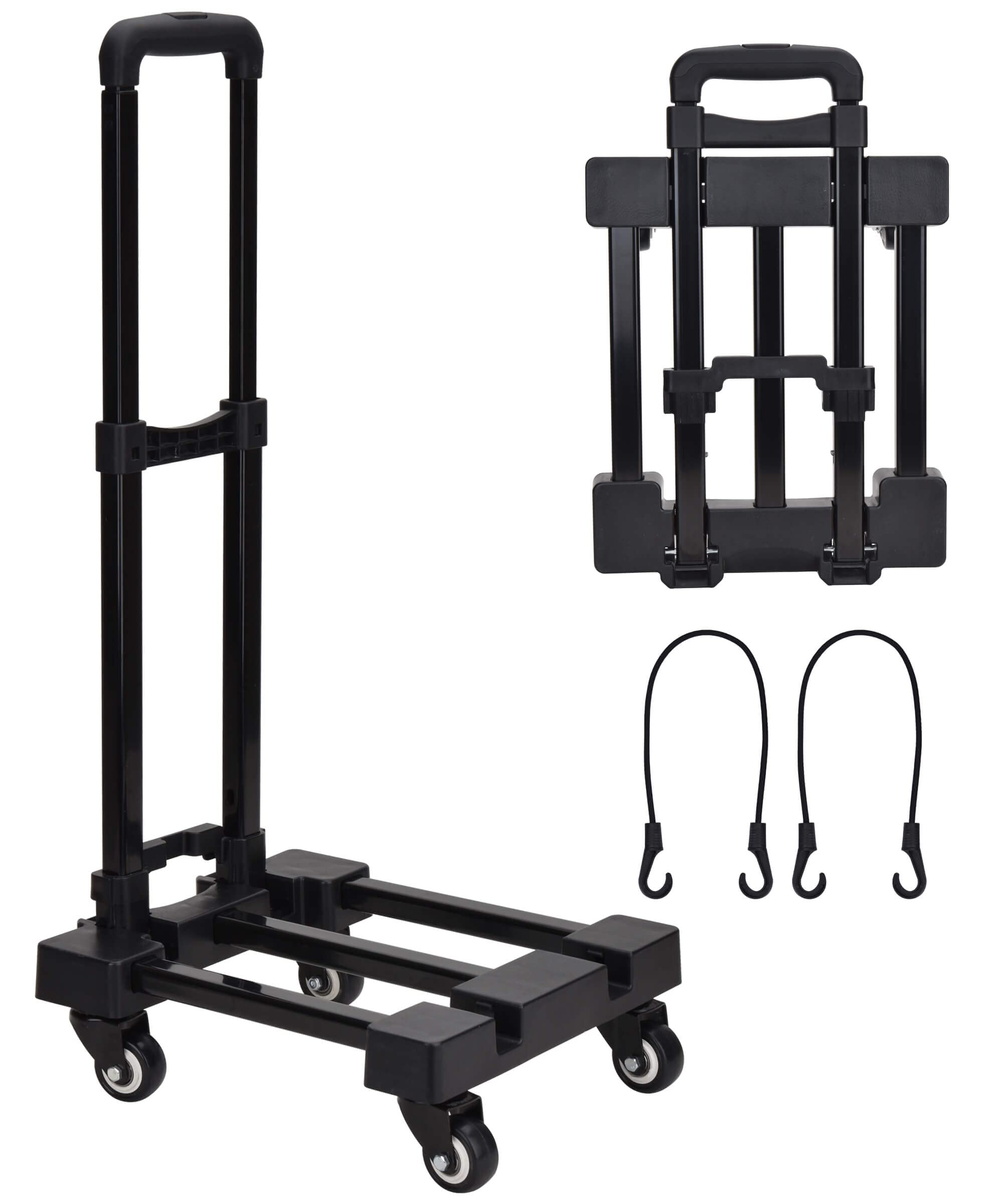 Lougnee Folding Hand Truck, 4 Wheels Fold Up Hand Cart with 2 Elastic Ropes, Portable Foldable 220 lbs Capacity Heavy Duty Luggage Cart, Utility Dolly Platform Cart for Car House Office Moving, Black