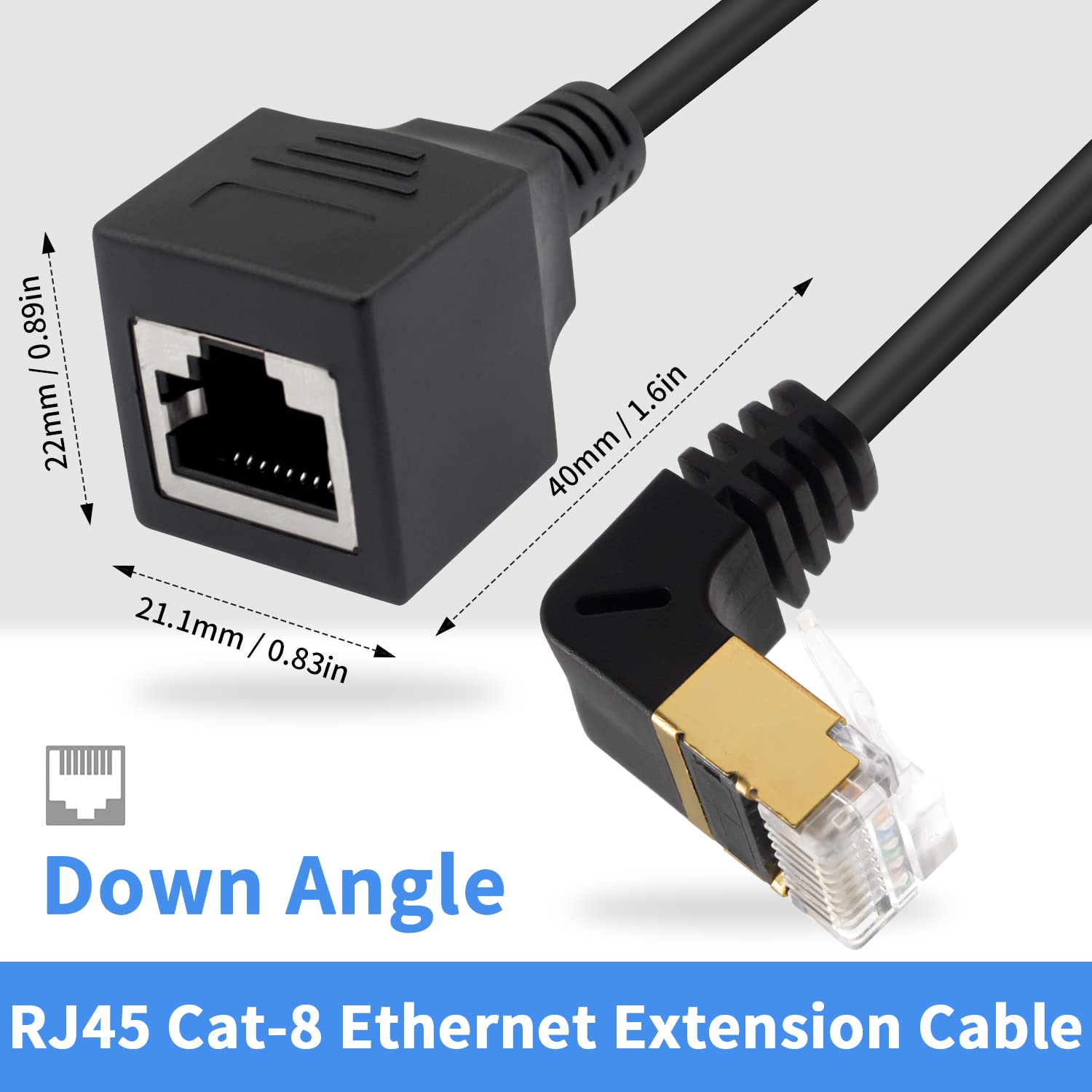 Duttek Cat8 Network Extension Cable 40Gbps, 90 Degree Down Angle RJ45 Male to Female Shielded Ethernet Connector Extension Cable (Extreme Thin) for Router, Modem 1.65FT/50CM