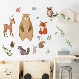 decalmile Woodland Animal Wall Decals Bundle with Fern Grass Border Wall Stickers Baby Nursery Kids Bedroom Wall Decor