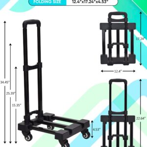 Lougnee Folding Hand Truck, 4 Wheels Fold Up Hand Cart with 2 Elastic Ropes, Portable Foldable 220 lbs Capacity Heavy Duty Luggage Cart, Utility Dolly Platform Cart for Car House Office Moving, Black