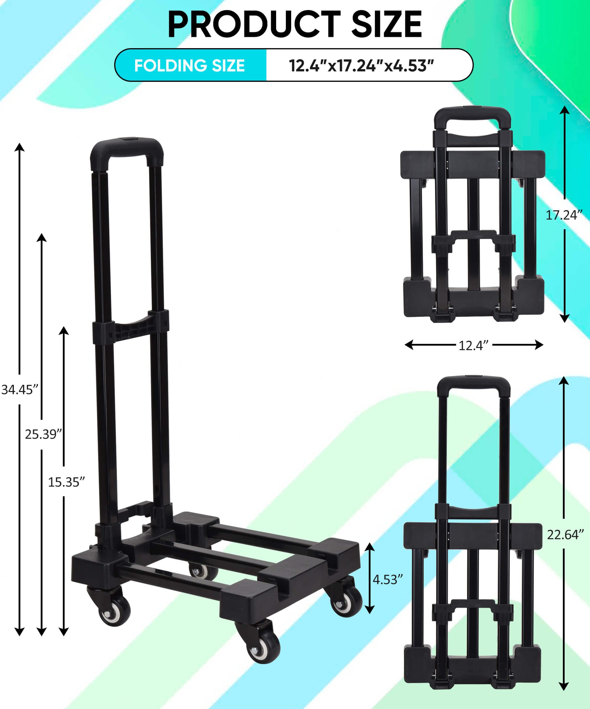 Lougnee Folding Hand Truck, 4 Wheels Fold Up Hand Cart with 2 Elastic Ropes, Portable Foldable 220 lbs Capacity Heavy Duty Luggage Cart, Utility Dolly Platform Cart for Car House Office Moving, Black