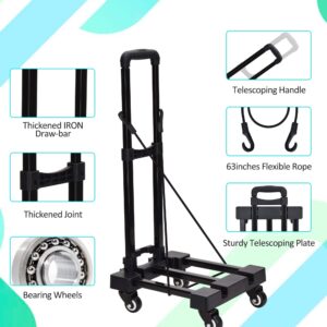 Lougnee Folding Hand Truck, 4 Wheels Fold Up Hand Cart with 2 Elastic Ropes, Portable Foldable 220 lbs Capacity Heavy Duty Luggage Cart, Utility Dolly Platform Cart for Car House Office Moving, Black