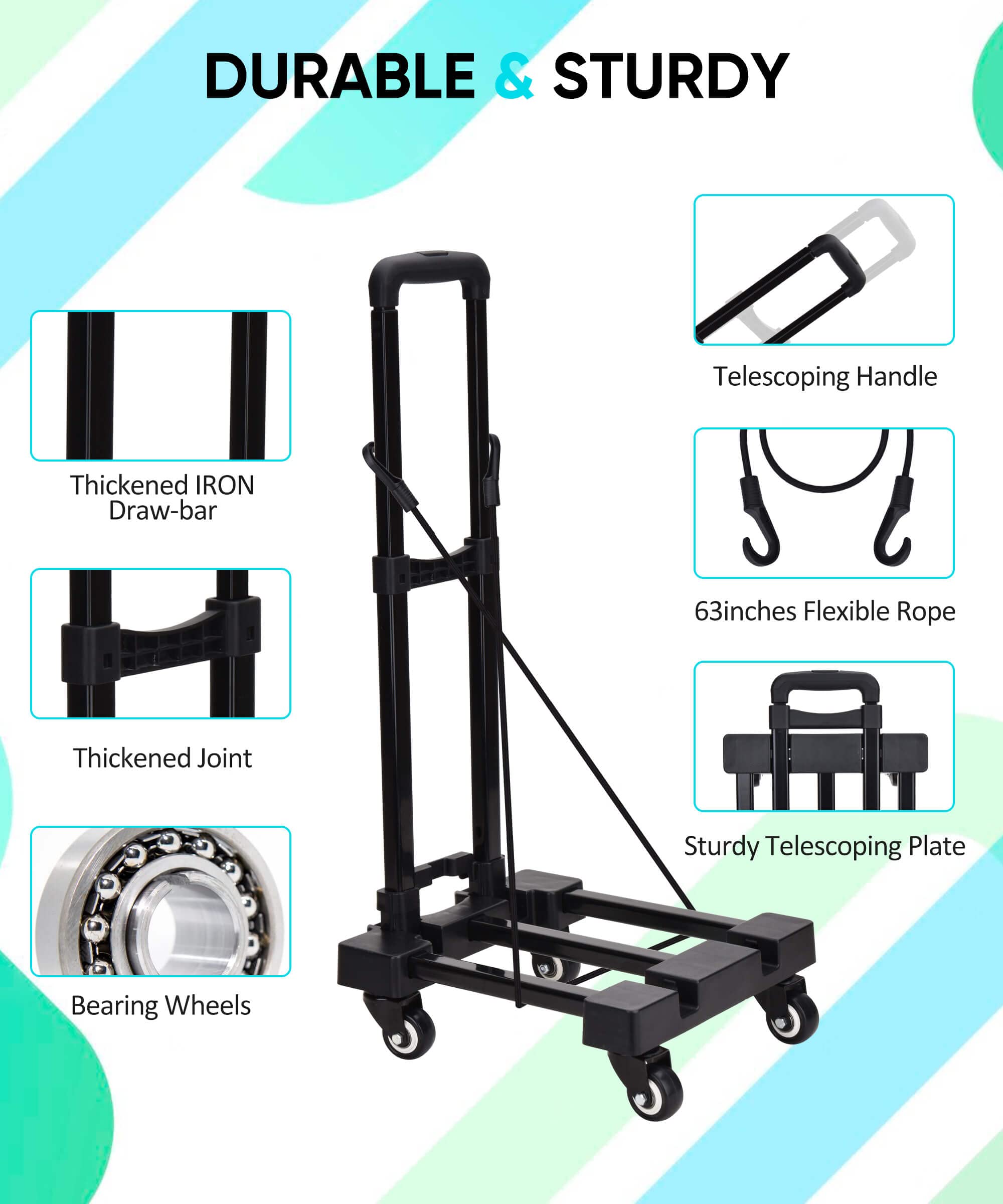 Lougnee Folding Hand Truck, 4 Wheels Fold Up Hand Cart with 2 Elastic Ropes, Portable Foldable 220 lbs Capacity Heavy Duty Luggage Cart, Utility Dolly Platform Cart for Car House Office Moving, Black