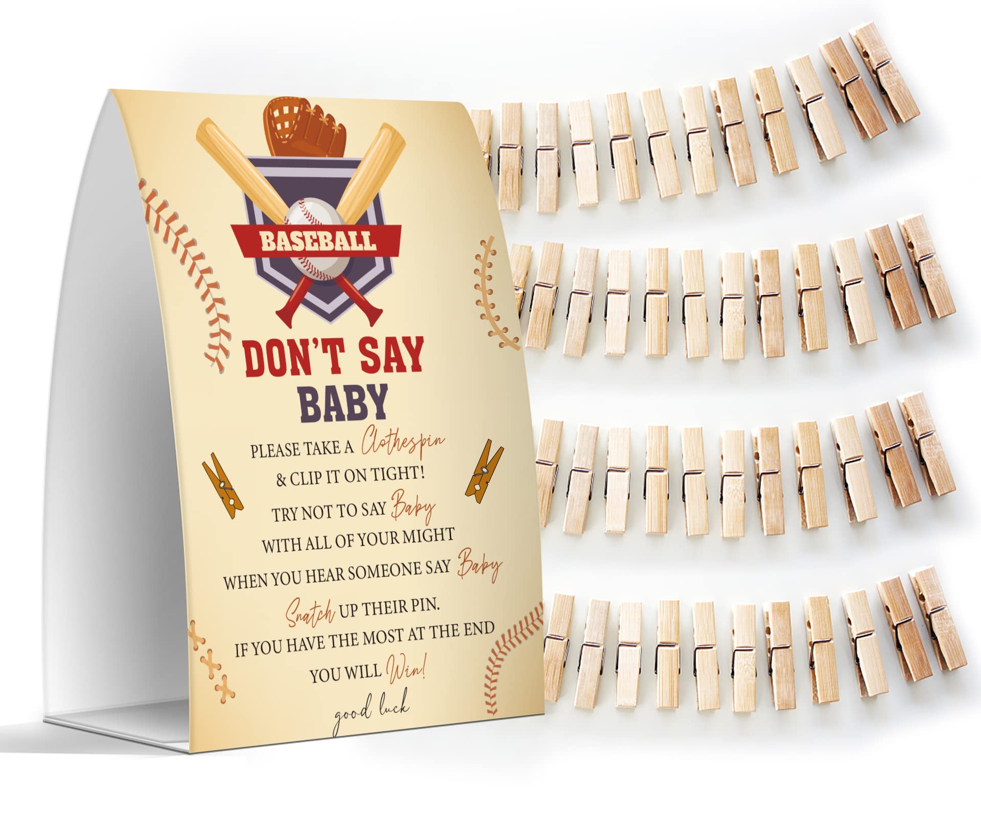 Don't Say Baby Set - One 5x7 Sign and 50 Mini Clothespins, Baby Shower Games, Baby Shower Decoration, Gender Neutral Baby Shower - MsJb032