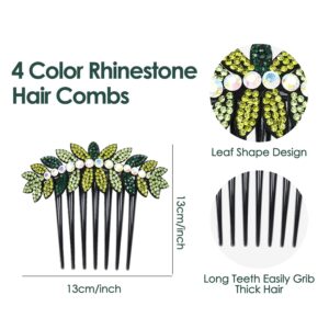 Lawie 4 Pack Luxury Jeweled Gems Crystal Rhinestone Sparkly Glitter Flower Leaf Black Plastic Side French Twist Hair Combs Long Teeth Slide Hairpins Barrettes Bun Chignon Clips Holder for Women Girl