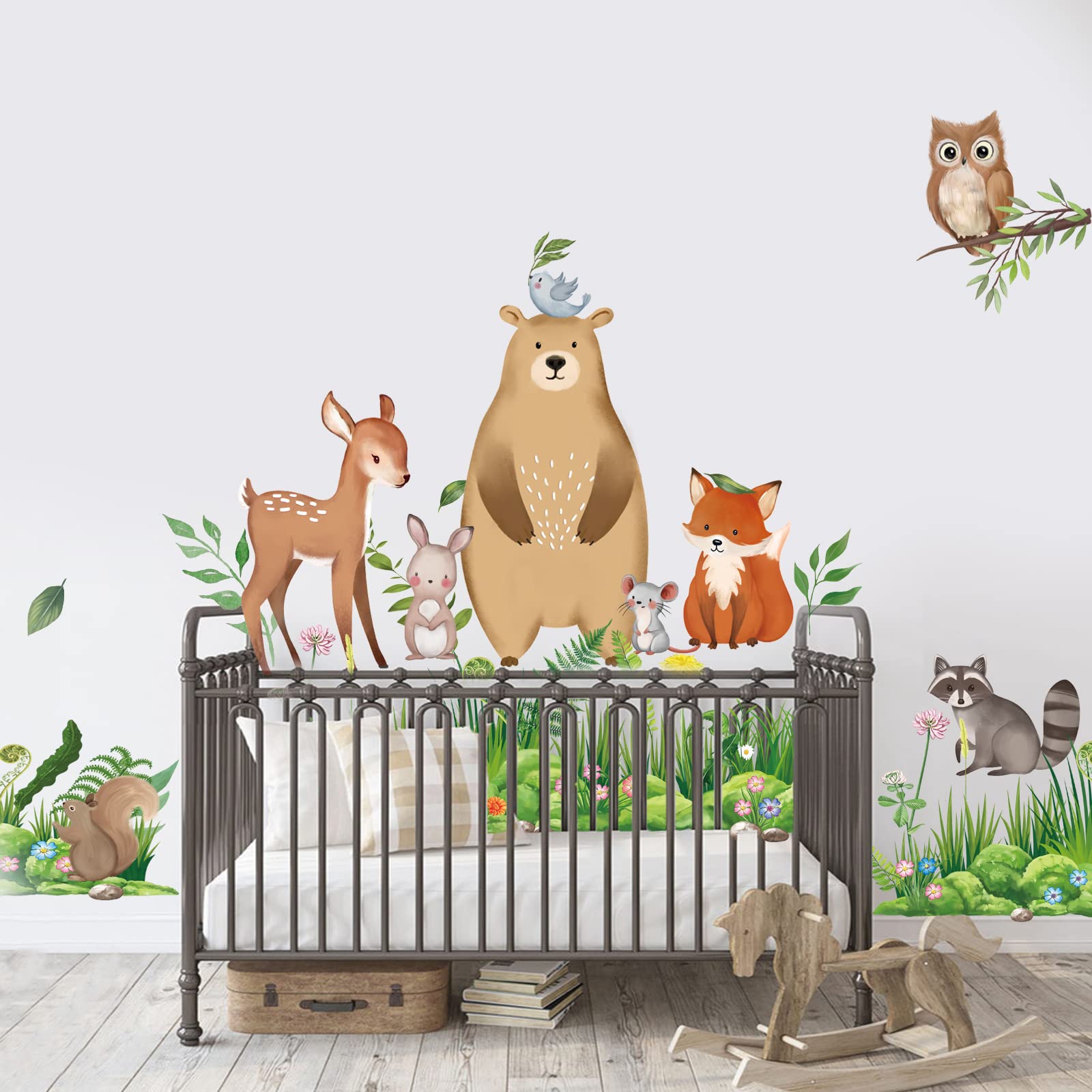 decalmile Woodland Animal Wall Decals Bundle with Fern Grass Border Wall Stickers Baby Nursery Kids Bedroom Wall Decor