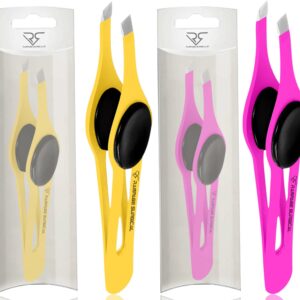 Professional Eyebrow Tweezers Slanted Tip Stainless Steel 2,3xPcs Set, Non-Slip Grip Slant Tip Tweezers for Facial Hair, Plucking Removing Ingrown Hairs, Tweezer for Women Men (Yellow&Pink)