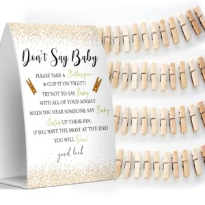 Don't Say Baby Set - One 5x7 Sign and 50 Mini Clothespins, Baby Shower Games, Baby Shower Decoration, Gender Neutral Baby Shower - MsJb035