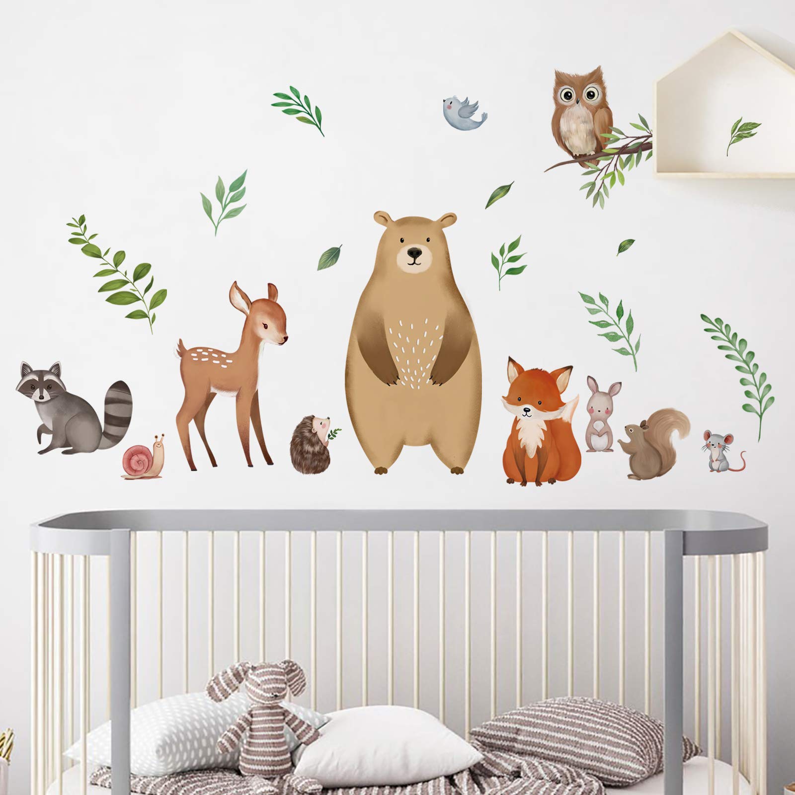 decalmile Woodland Animal Wall Decals Bundle with Fern Grass Border Wall Stickers Baby Nursery Kids Bedroom Wall Decor