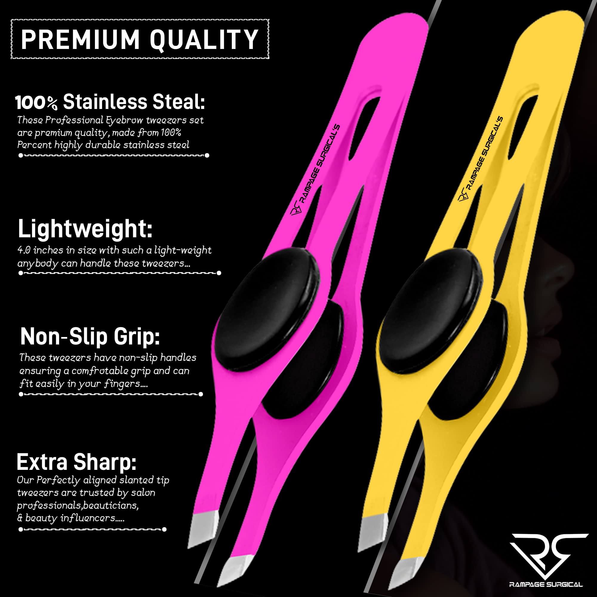 Professional Eyebrow Tweezers Slanted Tip Stainless Steel 2,3xPcs Set, Non-Slip Grip Slant Tip Tweezers for Facial Hair, Plucking Removing Ingrown Hairs, Tweezer for Women Men (Yellow&Pink)