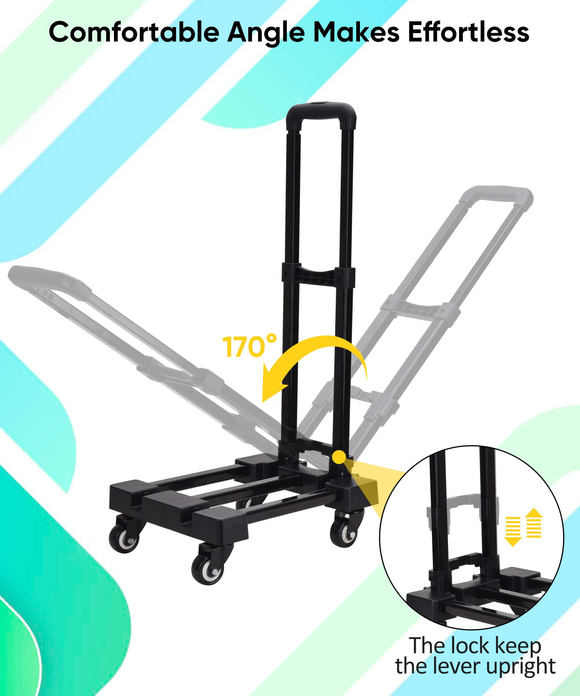 Lougnee Folding Hand Truck, 4 Wheels Fold Up Hand Cart with 2 Elastic Ropes, Portable Foldable 220 lbs Capacity Heavy Duty Luggage Cart, Utility Dolly Platform Cart for Car House Office Moving, Black