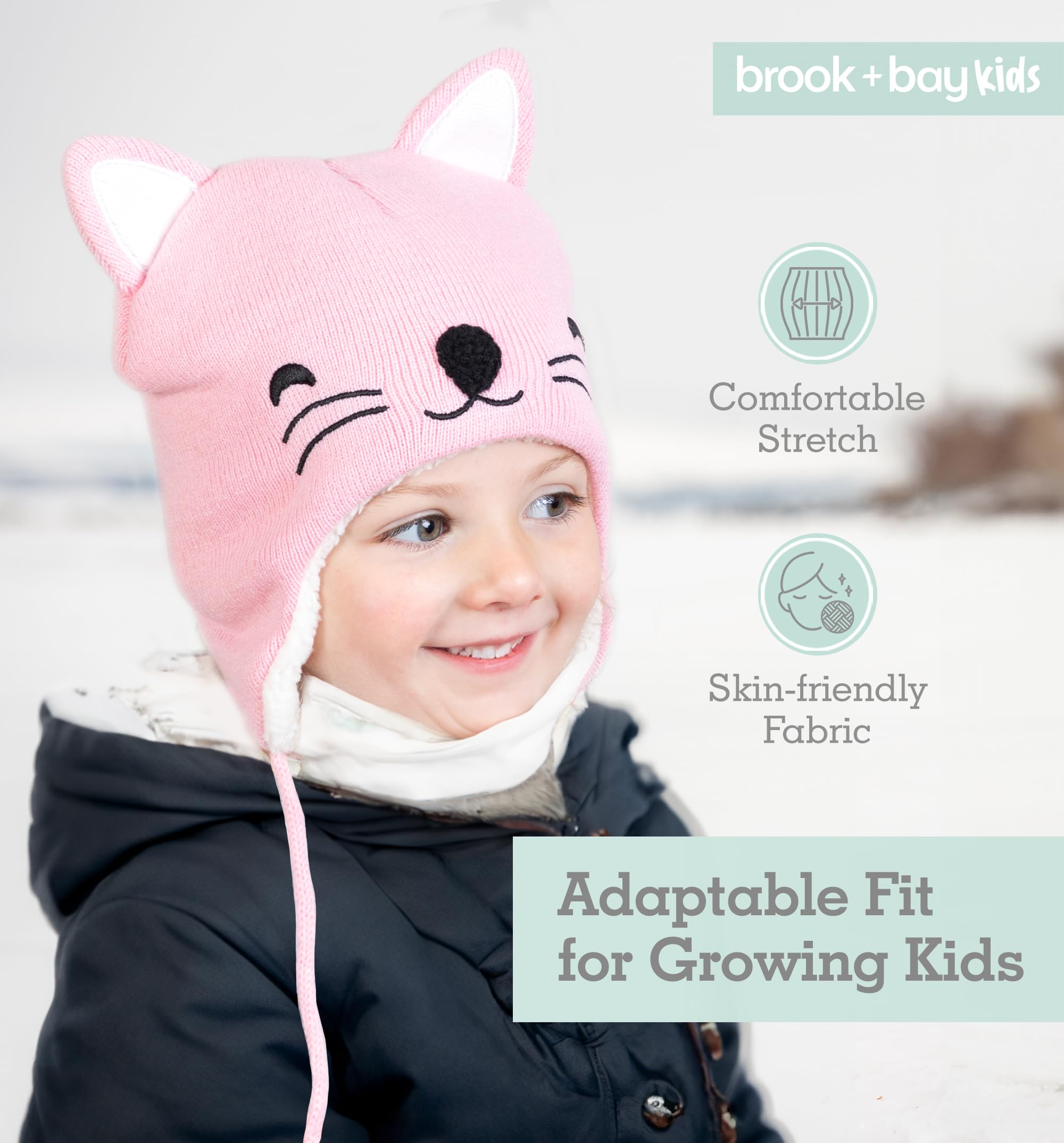 Brook + Bay - Sherpa Baby Animal Hats for Winter, Toddler Animal Ear Hat, Baby Hat Animal Ears, Baby Winter Hat for Boys & Girls - Pink Cat