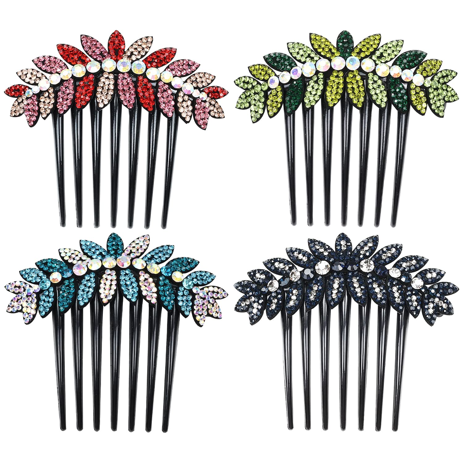 Lawie 4 Pack Luxury Jeweled Gems Crystal Rhinestone Sparkly Glitter Flower Leaf Black Plastic Side French Twist Hair Combs Long Teeth Slide Hairpins Barrettes Bun Chignon Clips Holder for Women Girl