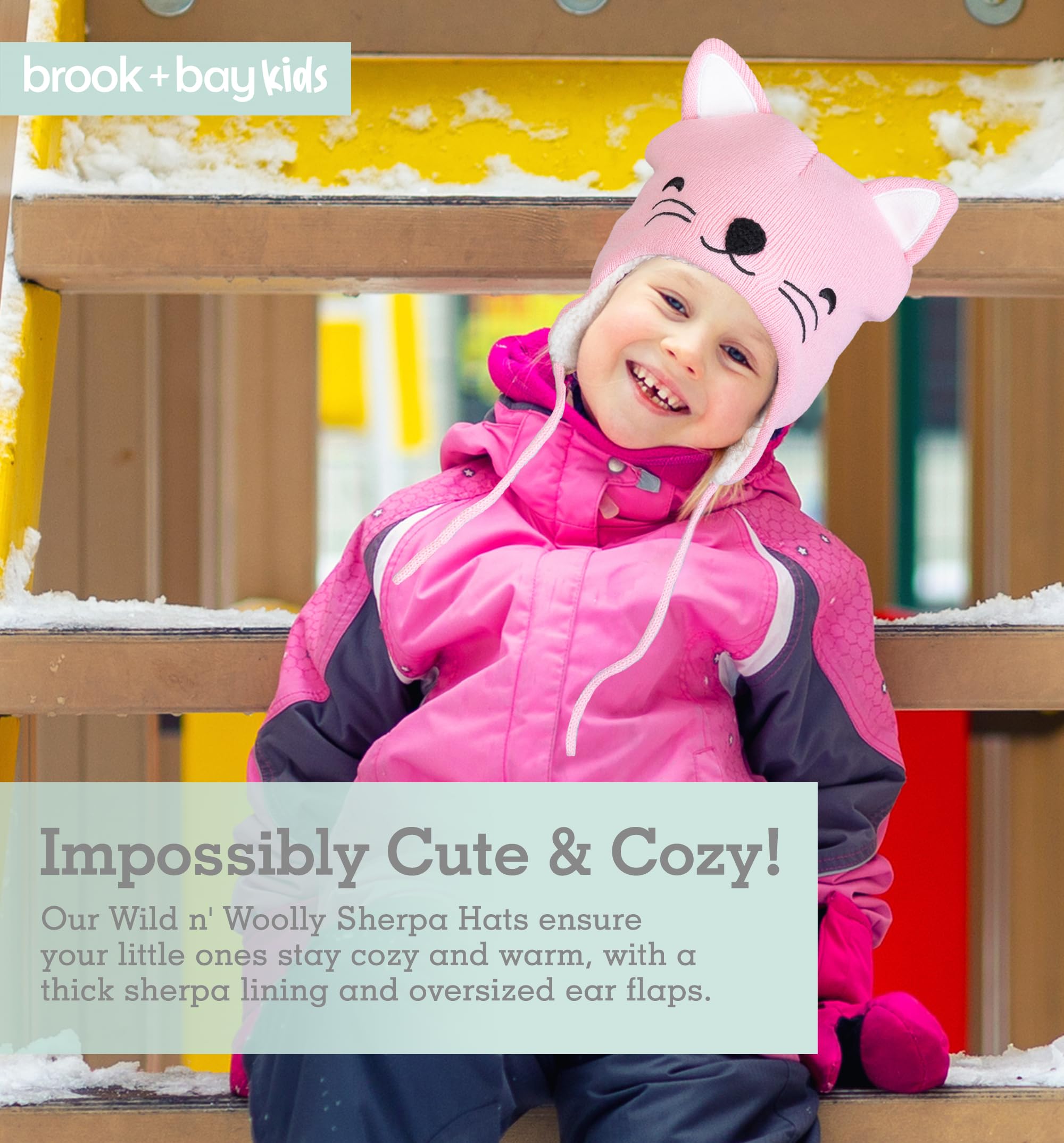 Brook + Bay - Sherpa Baby Animal Hats for Winter, Toddler Animal Ear Hat, Baby Hat Animal Ears, Baby Winter Hat for Boys & Girls - Pink Cat