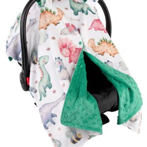 Top Tots Deluxe Minky Baby Car Seat Cover - Baby Dinosaur, 40 x 29 Inch Green