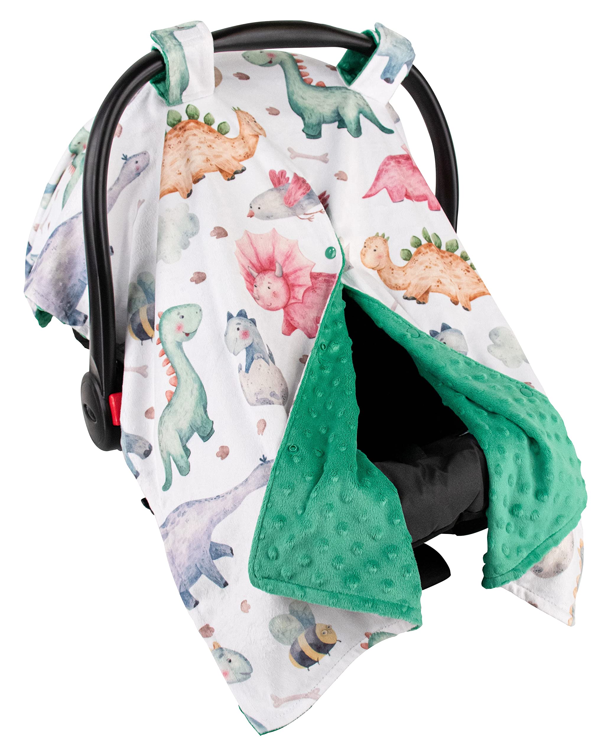 Top Tots Deluxe Minky Baby Car Seat Cover - Baby Dinosaur, 40 x 29 Inch Green