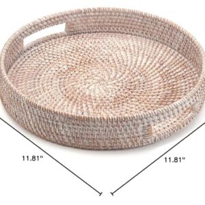 Coffee Table Tray Round Rattan Ottoman Tray Woven Serving Trays with Handles for Home and Kitchen Decorative White (Large 14 inch x 2.8 inch)