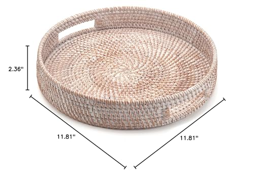 Coffee Table Tray Round Rattan Ottoman Tray Woven Serving Trays with Handles for Home and Kitchen Decorative White (Large 14 inch x 2.8 inch)