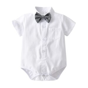 IDOPIP Baptism Outfits for Boys Baby Clothes Gentleman Formal Suit Set Bowtie Romper + Suspenders Shorts Pants 4PCS First Birthday Party Wedding Tuxedo Outfits for Cake Smash White + Gray 9-12 Months