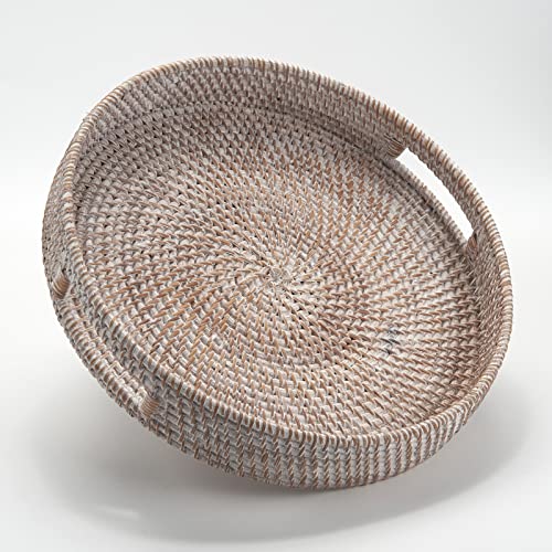 Coffee Table Tray Round Rattan Ottoman Tray Woven Serving Trays with Handles for Home and Kitchen Decorative White (Large 14 inch x 2.8 inch)