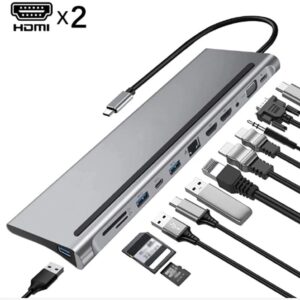 Sxdthy USB Hub,12 in 1 USB C Hub Laptop Docking Station Type-C to Dual HDMI-Compatible/VGA/USB 3.0 Hub/PD/RJ/Micro-SD/TF,Compatible with PC, Mac, Printer