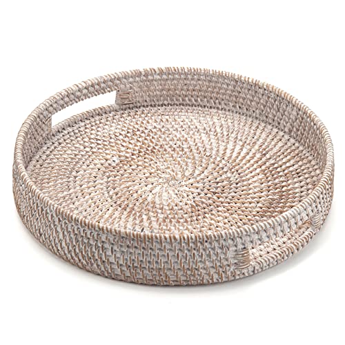 Coffee Table Tray Round Rattan Ottoman Tray Woven Serving Trays with Handles for Home and Kitchen Decorative White (Large 14 inch x 2.8 inch)