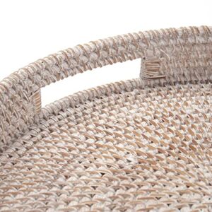 Coffee Table Tray Round Rattan Ottoman Tray Woven Serving Trays with Handles for Home and Kitchen Decorative White (Large 14 inch x 2.8 inch)