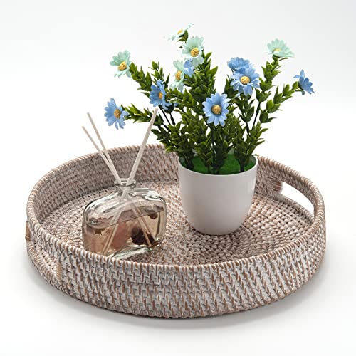 Coffee Table Tray Round Rattan Ottoman Tray Woven Serving Trays with Handles for Home and Kitchen Decorative White (Large 14 inch x 2.8 inch)