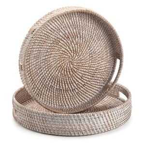 Coffee Table Tray Round Rattan Ottoman Tray Woven Serving Trays with Handles for Home and Kitchen Decorative White (Large 14 inch x 2.8 inch)