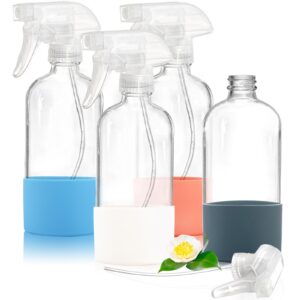 zoofox 4 pack empty clear glass spray bottles, 16 oz spray bottle dispenser with silicone sleeve, refillable container for essential oils, gardening, cleaning solution, aromatherapy, hair misting